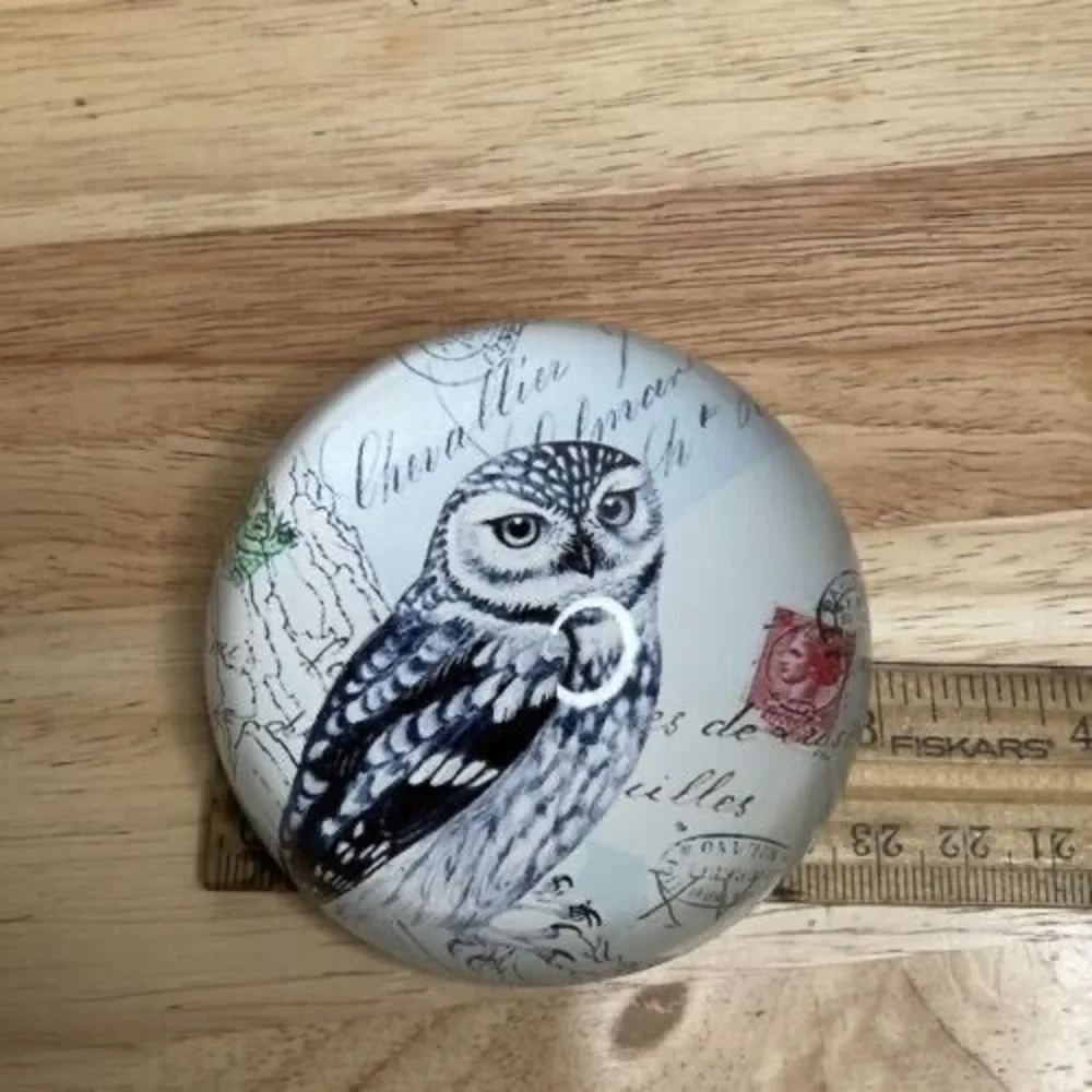 Vintage Art Glass Owl Print Living Wisdom Dome Round‎ Paperweight 1.3